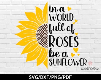 Puede incluir: Un girasol amarillo con un centro marrón está en una pared de ladrillo blanco. El texto "in a world full of roses be a sunflower" está en el lado derecho del girasol.