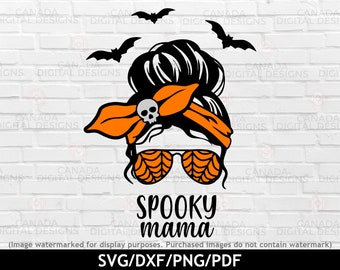 Spooky mama svg, Halloween tshirt design, Momster png, Halloween mom svg, Messy bun svg, Spider web cut file, Cricut svg files