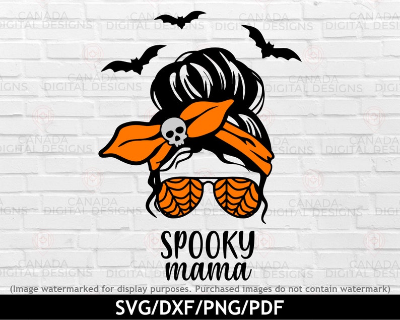 May include: A black and orange Halloween-themed design featuring a woman with a messy bun, a skull bandana, and spiderweb sunglasses. The text "Spooky mama" is below the image.