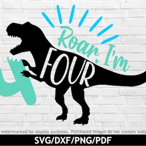 Roar, tenho 4 anos svg, T rex svg, aniversário de dinossauro svg, tema de dinossauro svg de aniversário, 4º aniversário svg, camisa de quarto aniversário, svg dxf png pdf