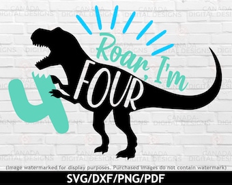 May include: A black dinosaur silhouette with a turquoise number four and the text "Roar, I'm Four" in turquoise. The dinosaur is biting the number four. The background is a white brick wall.
