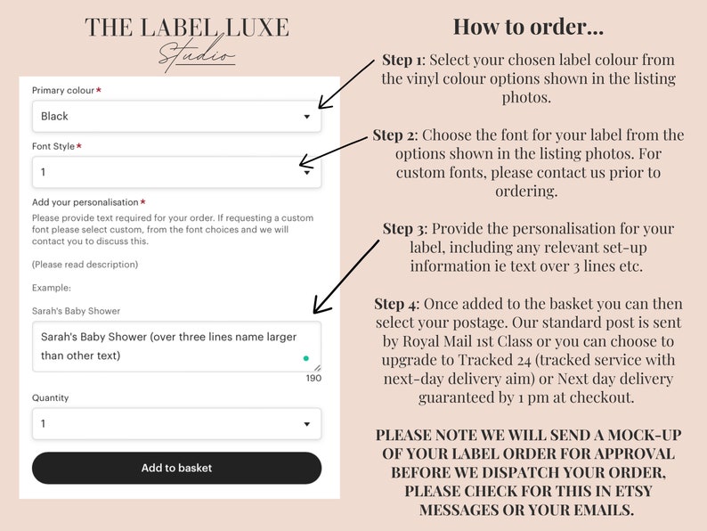 Op de afbeelding: Schermafbeelding van een webpagina van The Label Luxe Studio, met een formulier voor het aanpassen van labels. Velden omvatten primaire kleur, lettertype, personalisatietekst en hoeveelheid. Er worden ook bestelinstructies weergegeven.