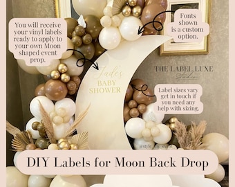 DIY Vinyl Labels for Moon shaped Backdrop: Baby Shower and Gender Reveal Decal Stickers