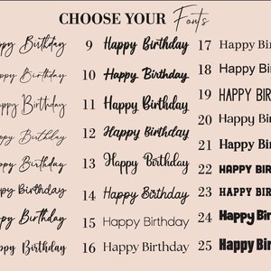 Op de afbeelding: Een selectie van 25 verschillende lettertypen voor "Happy Birthday" op een lichtbeige achtergrond. De tekst "CHOOSE YOUR Fonts" staat bovenaan. Elk lettertype is genummerd voor gemakkelijke selectie, van elegante scripts tot vette blokletters.
