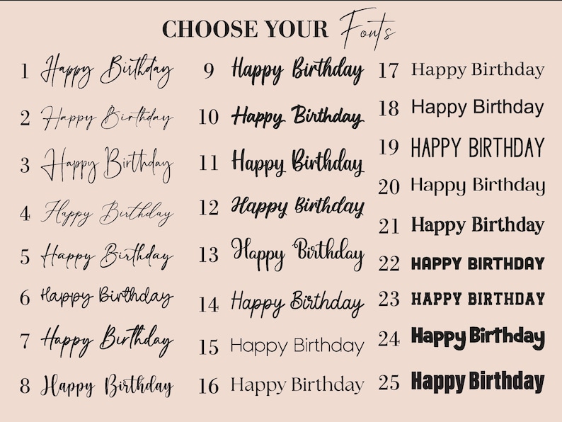 Op de afbeelding: Een selectie van 25 verschillende lettertypen voor "Happy Birthday" op een lichtbeige achtergrond. De tekst "CHOOSE YOUR Fonts" staat bovenaan. Elk lettertype is genummerd voor gemakkelijke selectie, van elegante scripts tot vette blokletters.