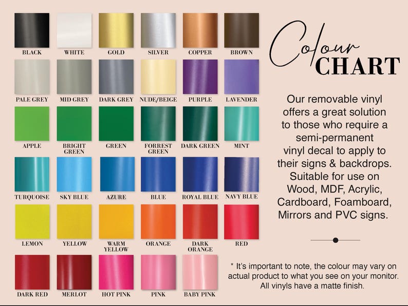 Op de afbeelding: Kleurenkaart met een verscheidenheid aan vinylkleuren, waaronder zwart, wit, goud en verschillende tinten blauw, groen en rood. De kaart bevat tekst die het product beschrijft als een verwijderbare vinylsticker.