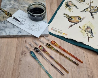 Marble effect glass dip pens for use with natural inks, perfect for detailed sketching, drawing, calligraphy