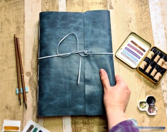 A4 handmade leather sketchbook, custom watercolor handbound journal for sketching, painting and journaling, gift for artist or writer