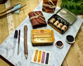 Unique handmade ink gift sets, vintage tin of four natural inks tiny sketchbook art set, botanical paints and mini journal artist 39 s gift