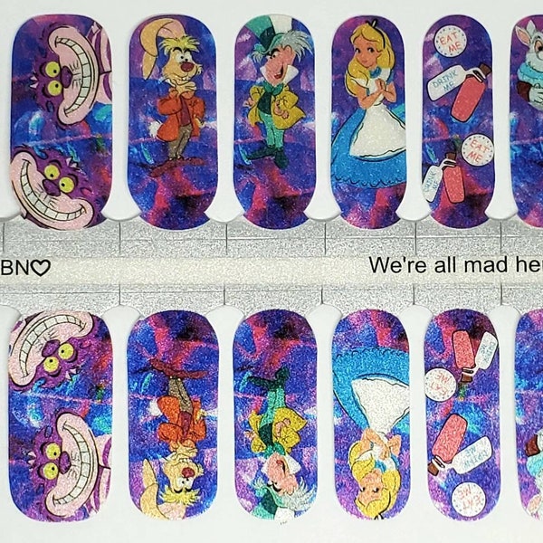 Nagelwraps, Nagellackstreifen, Nagelsticker Alice im Wunderland Nägel We're All Mad hereNail Mail