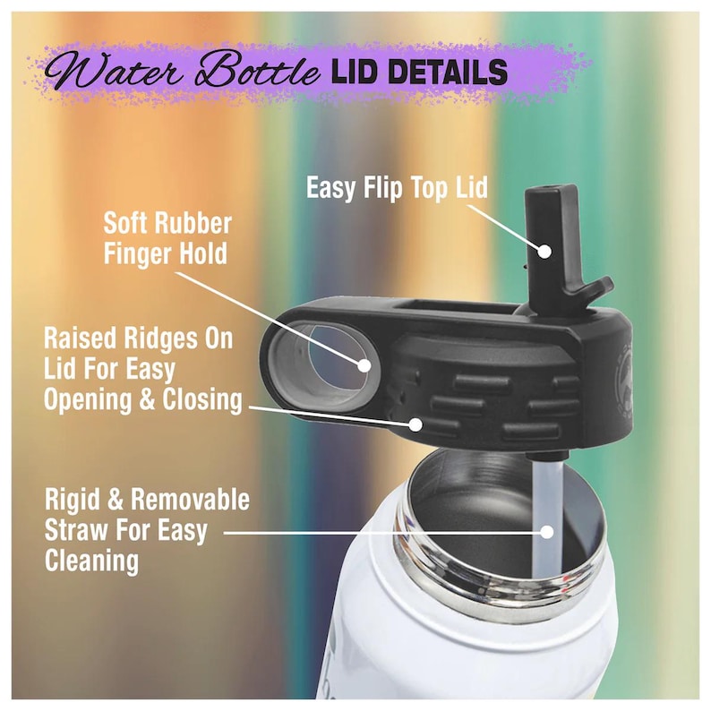 May include: Close-up of a white water bottle with a black lid. The lid has a soft rubber finger hold, raised ridges for easy opening and closing, and a flip top. The bottle also has a removable straw for easy cleaning.