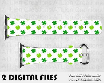 May include: Two digital files for Apple Watch bands with a white background and a repeating pattern of green four-leaf clovers. The text "FOR 38/40MM BAND" and "FOR 42/44MM BAND" is at the bottom of the image.