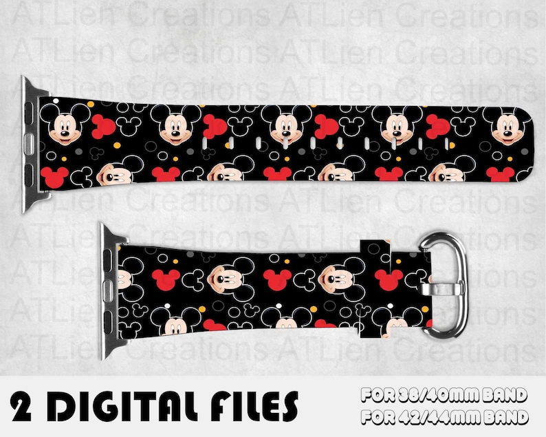 May include: Two digital files for Apple Watch bands featuring a black and red Mickey Mouse pattern. The files are available for 38/40mm and 42/44mm bands.