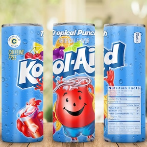 May include: A blue and red 20-ounce tumbler with a Kool-Aid Tropical Punch design. The tumbler features a cartoon pitcher with a smiling face and the text "Tropical Punch Artificial Flavor Kool-Aid". The tumbler also includes a nutrition facts label.