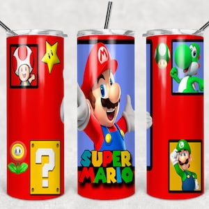 May include: Three red stainless steel tumblers with different Super Mario Bros. characters. The first tumbler features a red and white mushroom character, a yellow star, and a question mark block. The second tumbler features Mario with the text "Super Mario". The third tumbler features a green Yoshi character and a green Luigi character.