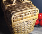 Large Vintage Wicker Double Handled, Travel Basket, Sewing Basket, Willow, Bamboo Woven