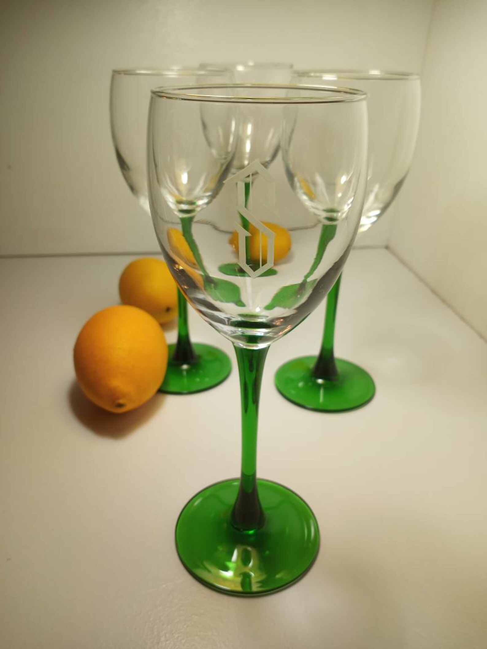 Green Stemmed Luminarc Wine Glasses with an Etched Etsy