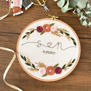 personalized embroidery picture with flower wreath for wedding, engagement, ring pillow