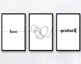 Love Yourself With Heart Quote Wall Art Poster Set x3, BTS Poster, Digital, Printable, Home Decor, Wall Art, Instant Download