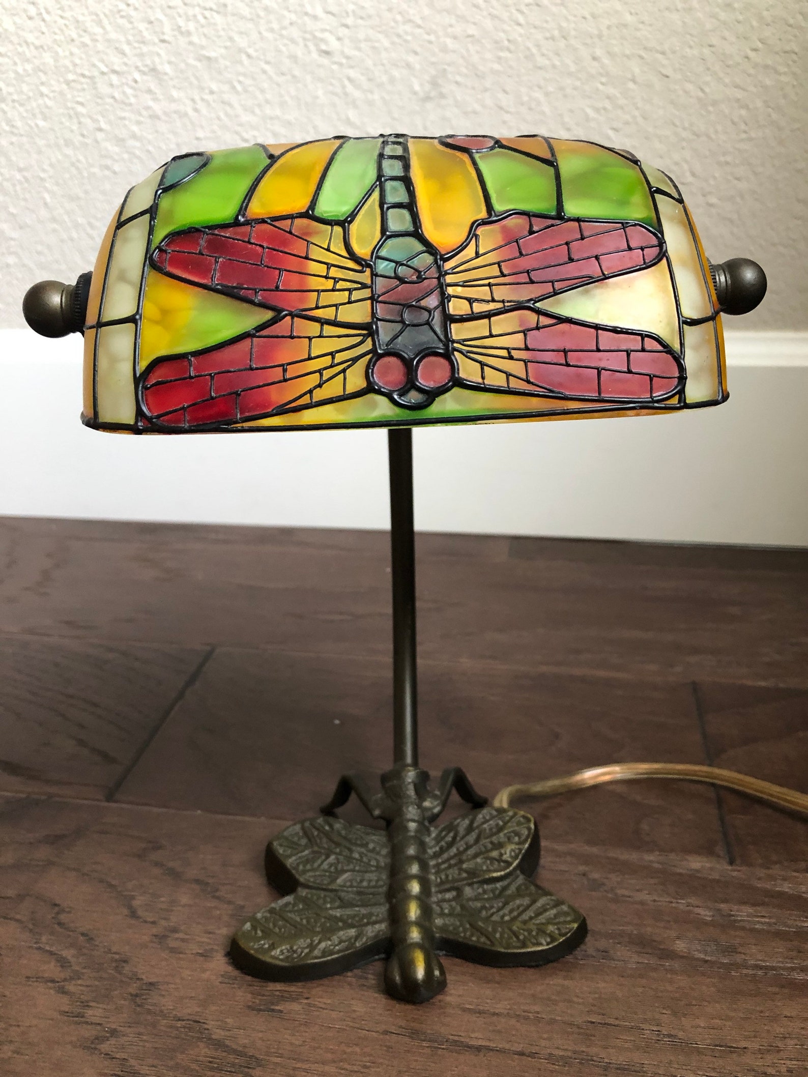Vintage DragonFly Bankers Lamp Stained Glass Tiffany Style Etsy