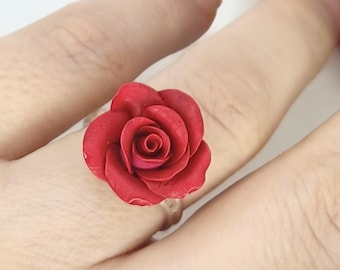Dark Red Rose Ring Adjustable,  Polymer Clay, Floral Gift for Flower Lovers