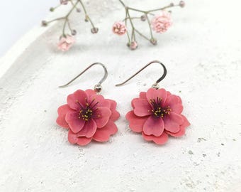 Cherry Blossom Earrings Polymer Clay, Sakura Pink Flower, 3 cm Realistic Flowers Jewelry