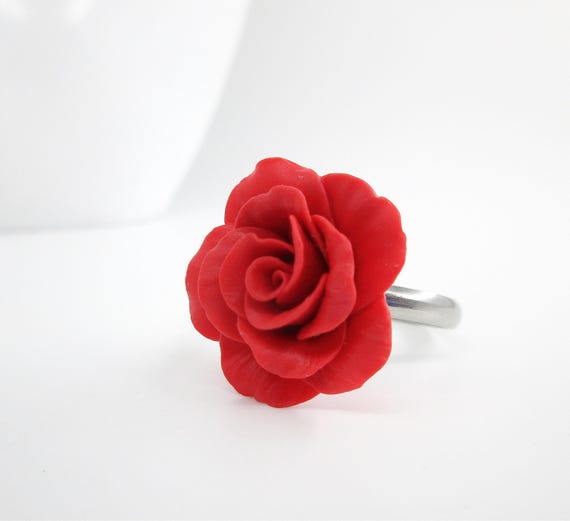 Red Rose Ring, Adjustable Polymer Clay Flower, Summer Jewelry