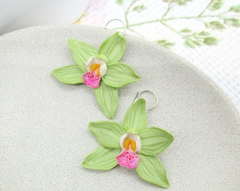 Green orchids earrings, floral polymer clay earrings, large earrings, green floral earrings, gift for mom, cute present for her, spring