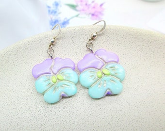 Small Pansies Dangle Earrings, Pastel Blue Viola Flower Earrings, Plant Lover Gift, Delicate Pansies Earrings, Gift For Wife, Gift For Mom