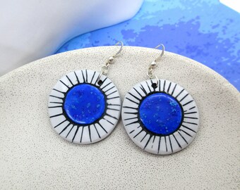 Blue earrings, round earrings polymer clay, large earrings, white earrings with pattern, geometric earrings, gift for wife, gift for mom