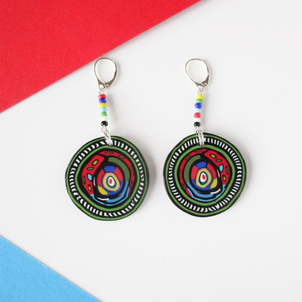 Pendientes coloridos de arcilla polimérica mate, pendientes largos, pendientes redondos, pendientes con cuentas, Hundertwasser, regalo hecho a mano para ella, regalo para mamá