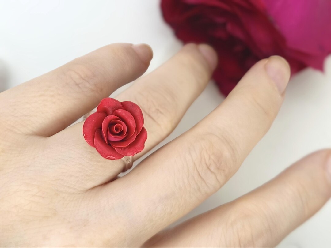 Dark Red Rose Ring Adjustable, Polymer Clay, Floral Gift for Flower ...