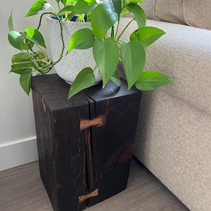 May include: A dark wooden stool with a plant in a white ceramic pot on top. The stool has two wooden brackets on the front and back.