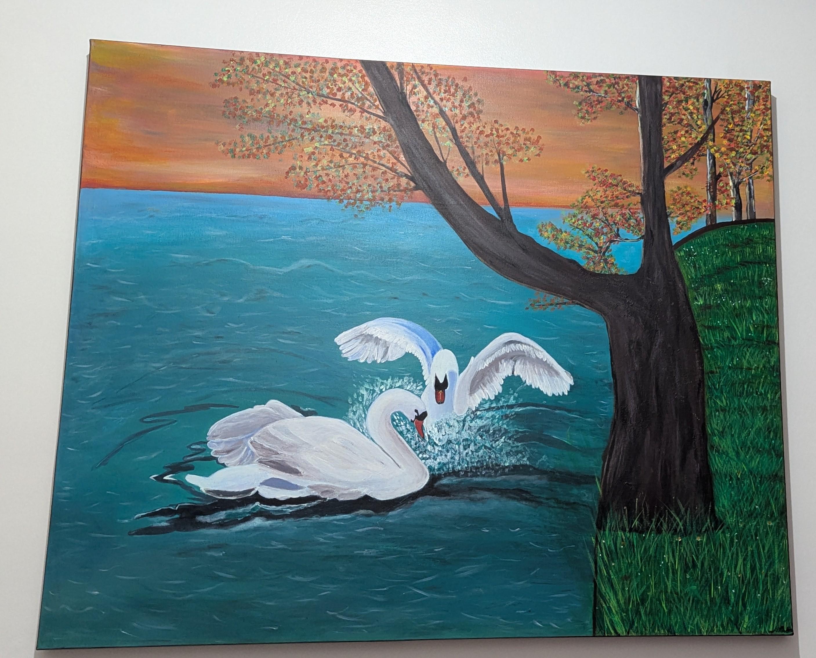 ロマンチックな白鳥の絵画：湖の風景、ラブバードのアートワーク