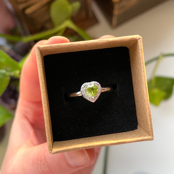 Peridot Heart Ring | Dainty Crystal Natural Protective Stone Heart Chakra | Gemstone Jewelry