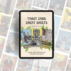 May include: A digital tablet screen displaying a tarot card cheat sheet with the text "Tarot Card Cheat Sheets" and "Emerald Lotus". The image shows three tarot cards: Knight of Cups, The Chariot, and Five of Swords. The text "Making Tarot Reading Easy Improving Your Skills" is also displayed.