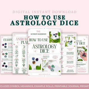Puede incluir: Una descarga digital instantánea titulada "Cómo usar los dados de astrología". La portada presenta el texto "La guía definitiva" y "Escrito por Emerald Lotus". La imagen incluye ejemplos, planes de astrología y significados de símbolos. El fondo es rosa suave.