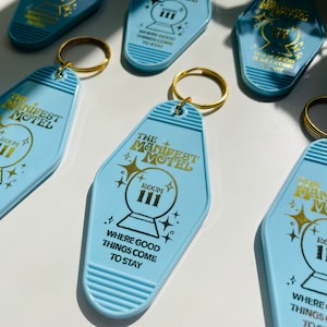 Manifest Motel | Retro Vintage Inspired Motel Keychain with Keyring | Light Blue & Gold Foil