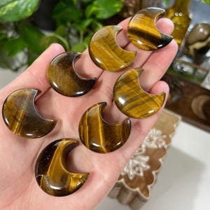 Tiger&#39;s Eye Crescent Moon Carving | Crystal Healing Carved Moon Lunar | Grounding Protection Courage Strength