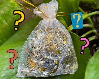 Puede incluir: Una bolsa de malla blanca llena de abalorios dorados y plateados. La bolsa está atada con una cinta dorada y está sentada sobre una planta verde.