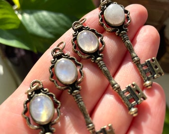 Moonstone Key Pendant | Witchy Charm Casting Jewelry Talisman Amulet | Crown Chakra Divine Feminine