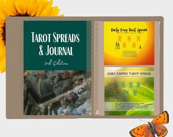 May include: A brown leather-bound journal with the title "Tarot Spreads & Journal 3rd Edition" on the front cover. The journal has two pages open, revealing two different tarot spreads: "Daily Fiery Tarot Spread" and "Daily Earthy Tarot Spread".