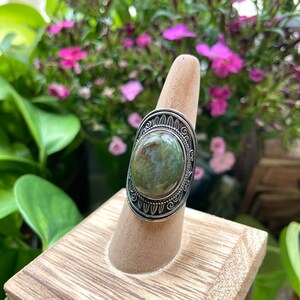 Moss Agate Statement Crystal Ring | Crystal Natural Healing Stone Adjustable Boho Vintage Inspired | Gemstone Jewelry