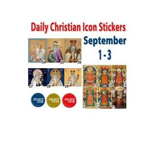 Può includere: Un set di 17 adesivi di icone cristiane colorati che raffigurano vari santi e figure religiose. Gli adesivi sono disposti in una griglia con i numeri 12-17, 24-29 e il testo "Settembre 1-3".