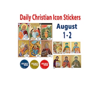 1 augustus - 2 augustus Christelijke stickers met een pictogram voor elke dag Feestdagencollectie Orthodoxe, katholieke, religieuze iconenstickers