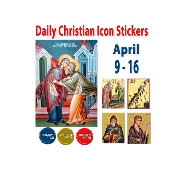 9 april - 16 april Christelijke stickers met een pictogram voor elke dag Feestdagencollectie Orthodoxe, katholieke, religieuze iconenstickers