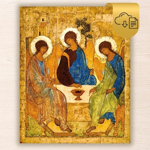 May include: A religious icon painting depicting three winged figures seated around a table with a central chalice. The figures wear flowing robes in shades of blue, green, and brown against a gold background, each with a white halo around their head.