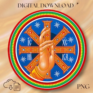 May include: Digital download image featuring a stylized hand gesture within a circular design. The design includes a blue background with a cross, stars, and text. The outer ring is red, green, and yellow. The words "DIGITAL DOWNLOAD" and "PNG" are visible.