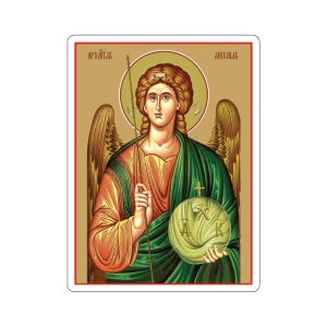 Puede incluir: Un icono del Arcángel Miguel, una figura religiosa del cristianismo. El icono representa a Miguel con alas, una lanza y un escudo con una cruz. El fondo es dorado y el icono está enmarcado en blanco.