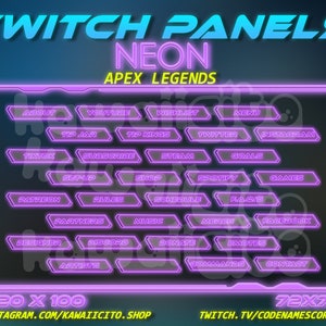 May include: Neon pink Twitch panels for Apex Legends with text labels for various social media and streaming platforms. The panels are 320 x 100 pixels and 72 x 72 pixels.